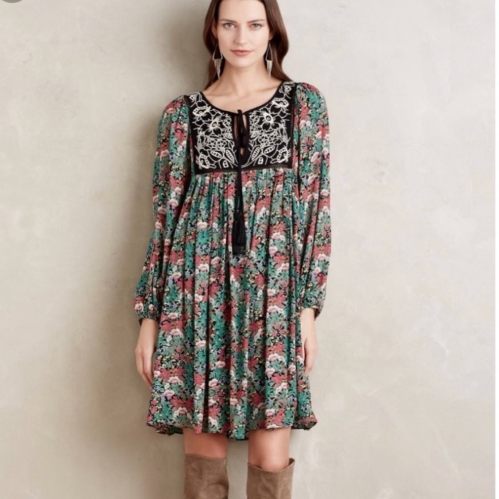 Anthropologie Floreat Ottava Floral Embroidered Peasant Dress Size Small
